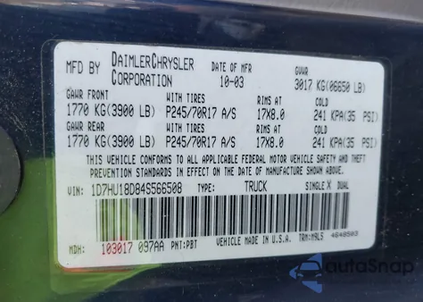 2004 Dodge Ram 1500 Slt/Laramie из США, поврежденный, VIN 1D7HU18D84S566508